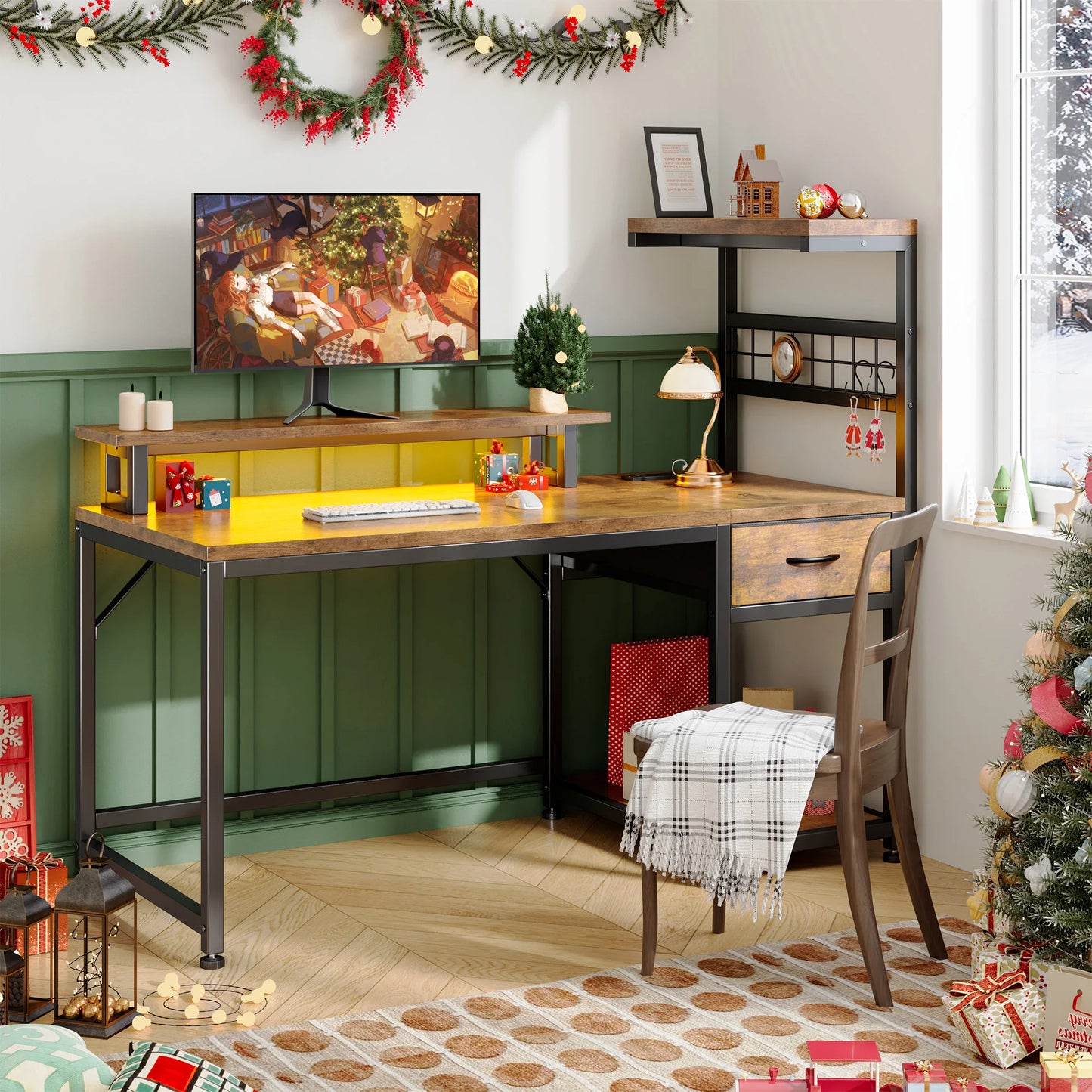 40"Gaming Computer Desk with Power Outlets RGB LED Lights Office Desk with Drawer Storage Shelves Monitor Stand For Small Space