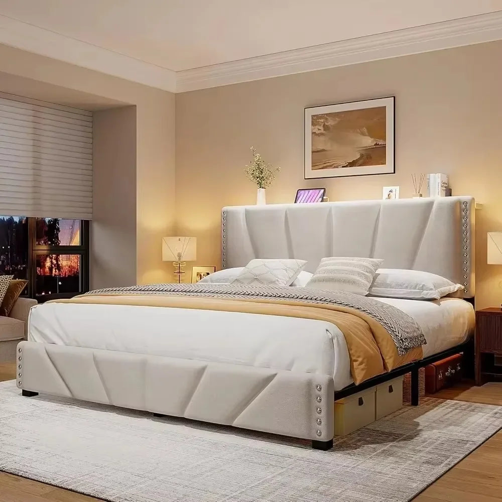 King-size Bed Frame, Velvet Bed Frame, with Headboard and LED Light, Platform Bed Frame, Beige