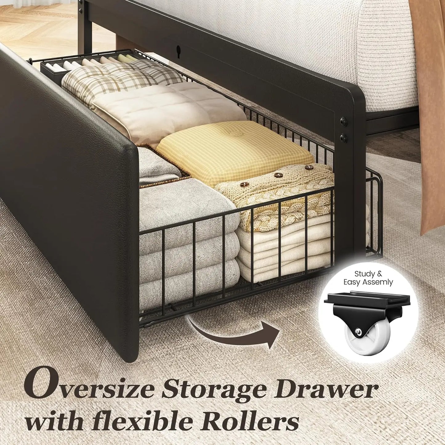 Twin Bed Frame with Storage Drawer, Upholstered Headboard Button Tufted Bed Frame with Charging Station, No Box Spring Needed, Noise-Free, All Metal Structure, Black