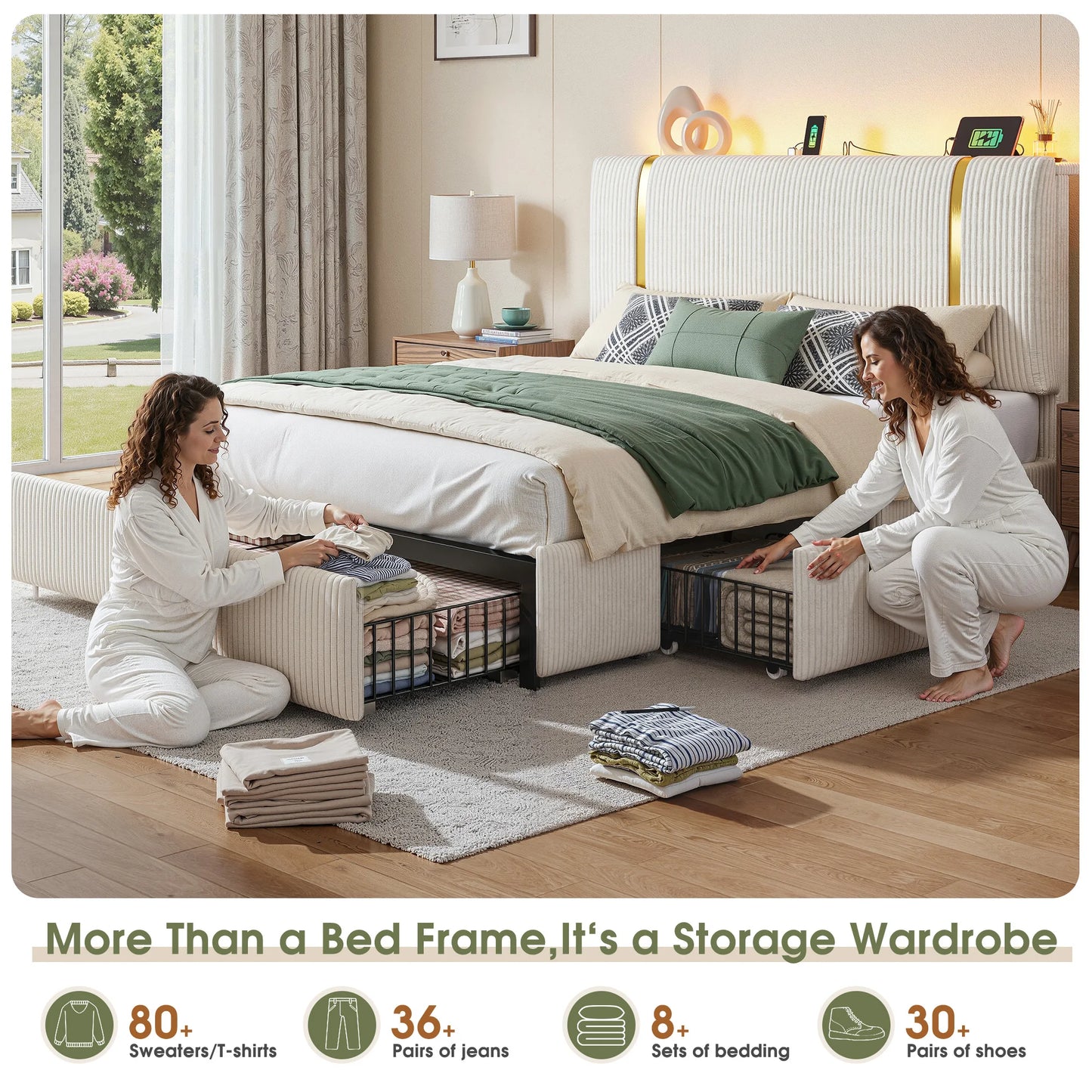 EnHomee Bed Frame with 6 Storage Drawers, Soft Upholstered Bed Frame with LED Light & Charging Station, Adjustable Tall Corduroy Headboard