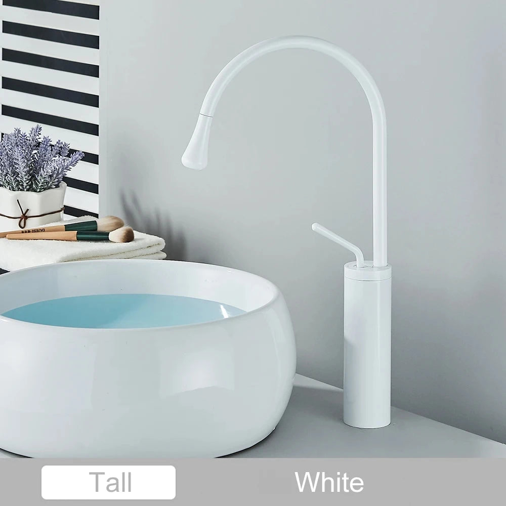 Brushed Golden Brass Art Basin Faucet Bathroom Washbasin Hot Cold Tap 360 Swivel Waterfall Gold Tall Model Mixer Deck Mounted