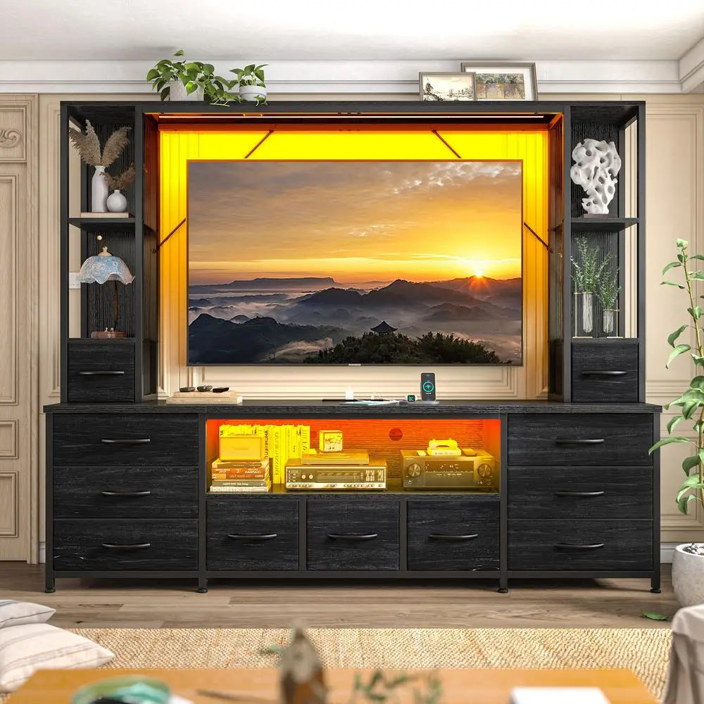 65 TV Stand for Living Room, Large Entertainment Center with 11 Fabric Drawers, 2 LED Lights amp Power Outlets, Modern Dresser