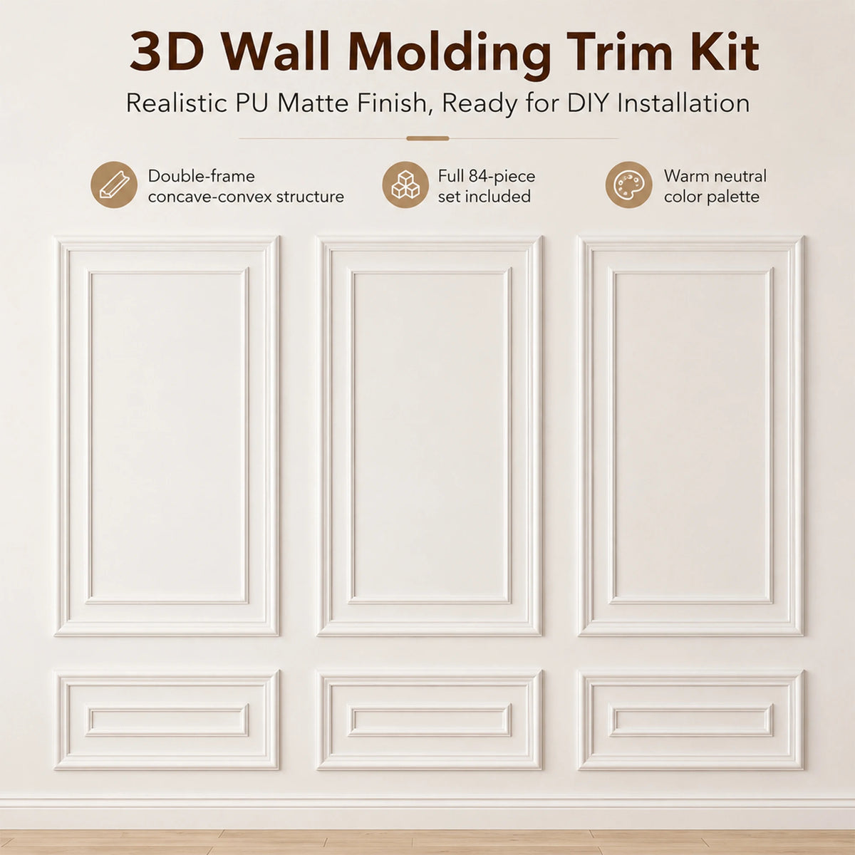 Wall Molding Kit Inner and Outer Layer Double Frame Style 3 Sets Pre-Cut Wainscoting Panels, Peel and Stick Self-Adhesive Accent Wall Trim, Ready-to-Assemble Wall Decor for Living Room Bedroom Office Apartment Dorm