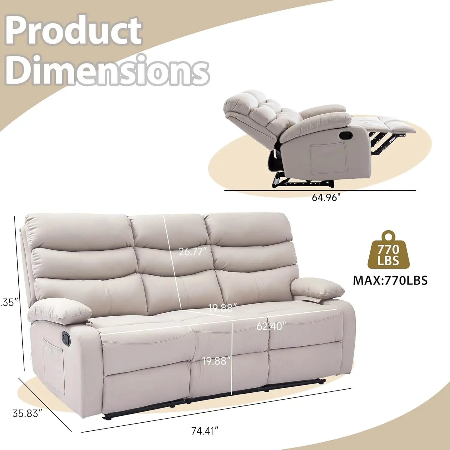 Manual 3 Seat Reclining Sofa Leather 3-Seater Manual Reclining Couch with Overstuffed Arms 3 Seater Couch Recliner, Customized