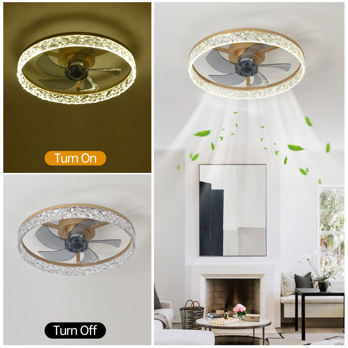 Ceiling Fans With Lights And Remote: 19.7" Modern Low Profile Flush Mount LED Ceiling Fan For Bedroom Crystal Bladeless Fandelier For Living Room Kitchen Dimmable DC Motor