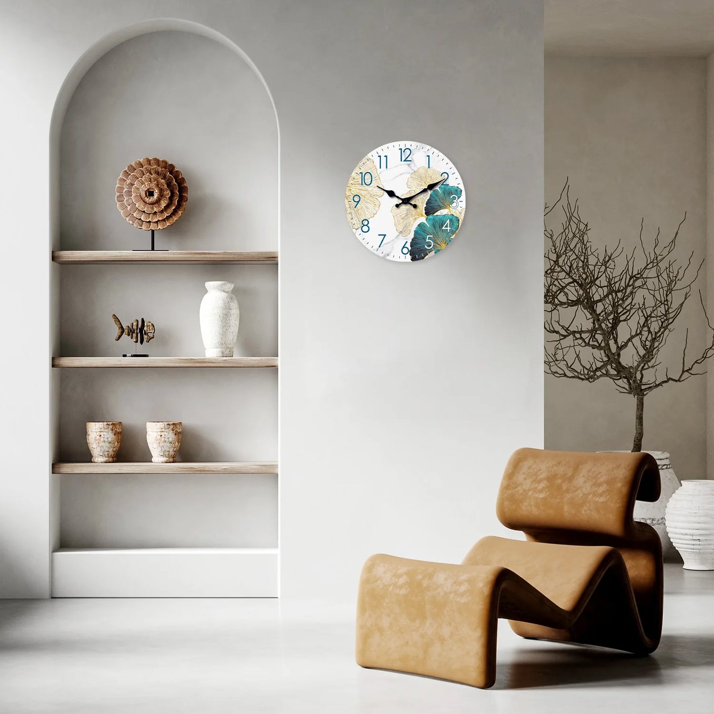 Modern Stylish Ginkgo Leaf Pattern Wooden Wall Clock for Living Room, Bedroom, Kitchen, Home Decoration, Silent Quartz Clock, Holiday Gift, 10 Inches, 12 Inches (No Battery)