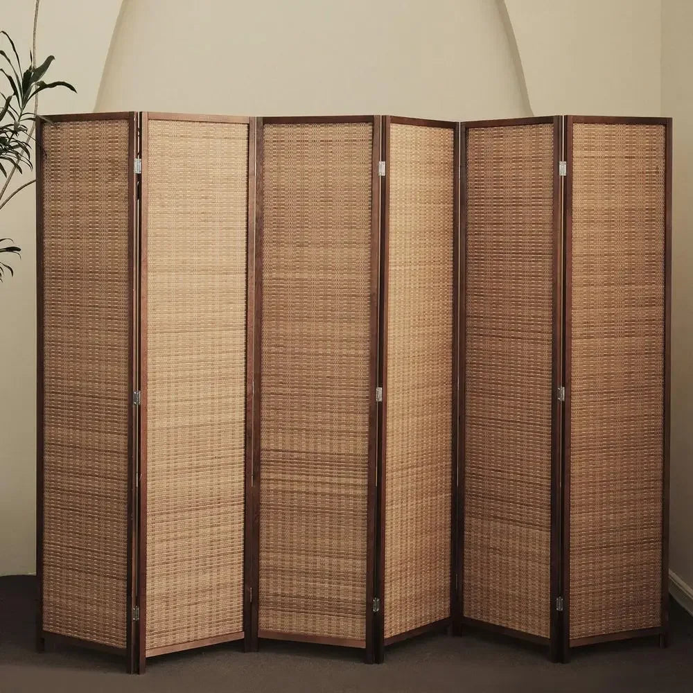6 Panel Bamboo Room Divider - 5.6 t Tall Folding Privacy or Room Separation, Natural Brown Freestanding Partition Wall