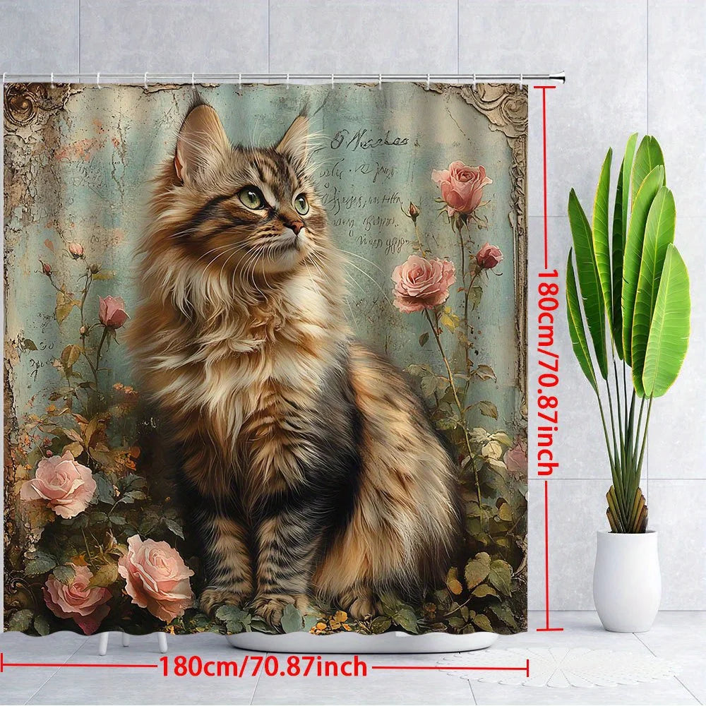 Maine Coon Cat Shower Curtain Vintage Rose Floral Polyester Bathroom Curtain with Hooks Machine Washable 70.87x70.87inch