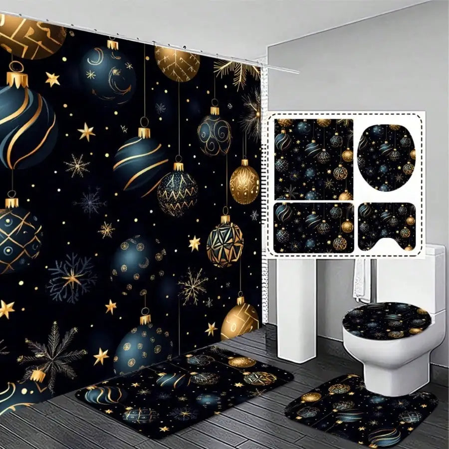 1/4Pcs Xmas Shower Curtain Set Black Gold Christmas Ball Snowflake Print Bathroom Accessory Set Non Slip Mat Toilet Cover Machine Washable