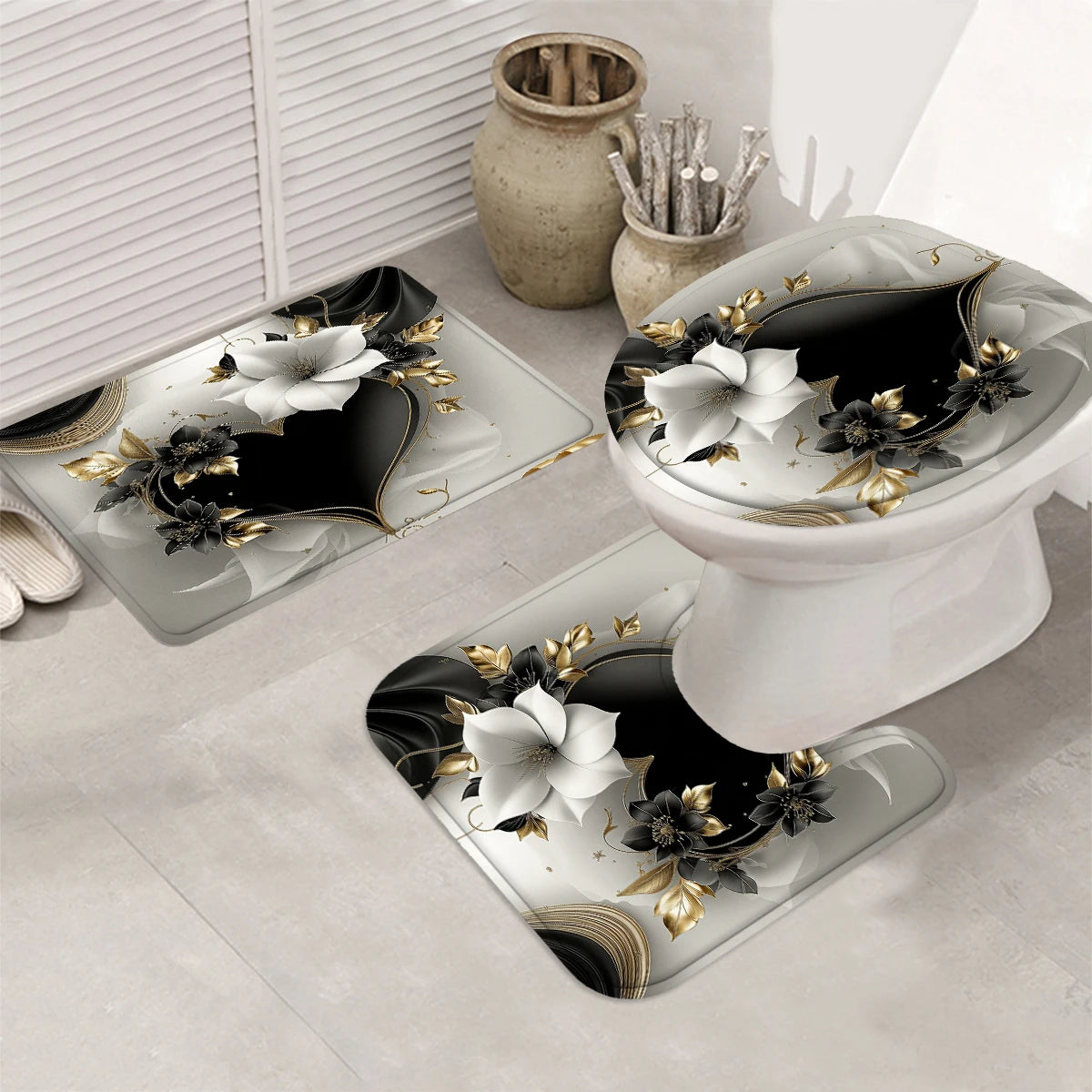 4Pcs Black Gold Heart Flower Shower Curtain Set with Hooks, Luxury Elegant Floral Print Waterproof Mildew Resistant Fabric Bath Mat for Family Bathroom Home Decor