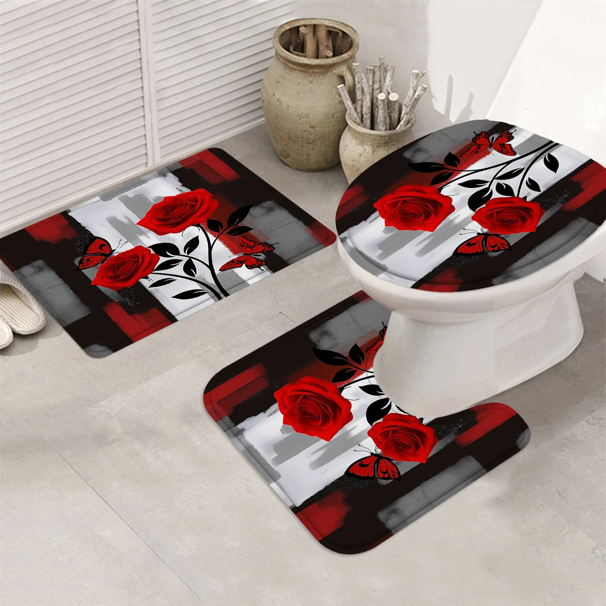 4Pcs Red Rose Butterfly Shower Curtain Set with Hooks, Modern Abstract Print Waterproof Mildew Resistant Fabric Bath Mat for Family Bathroom Home Decor