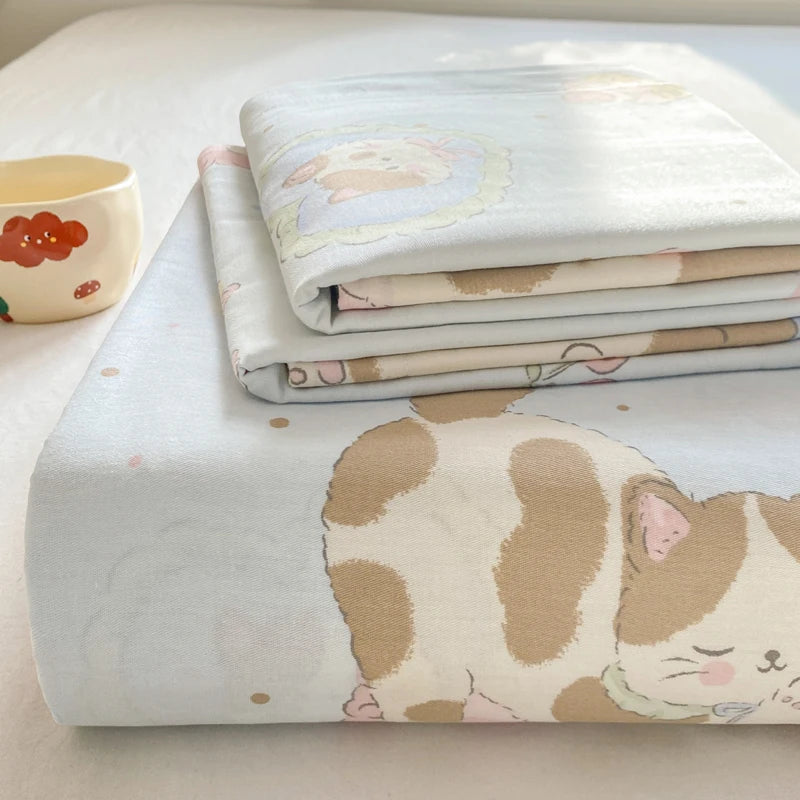 All Season Comfort 100% Cotton Flat Sheet , Soft Breathable Cute Cartoon Print Top Sheet, Wrinkle Resistant Fade Resistant