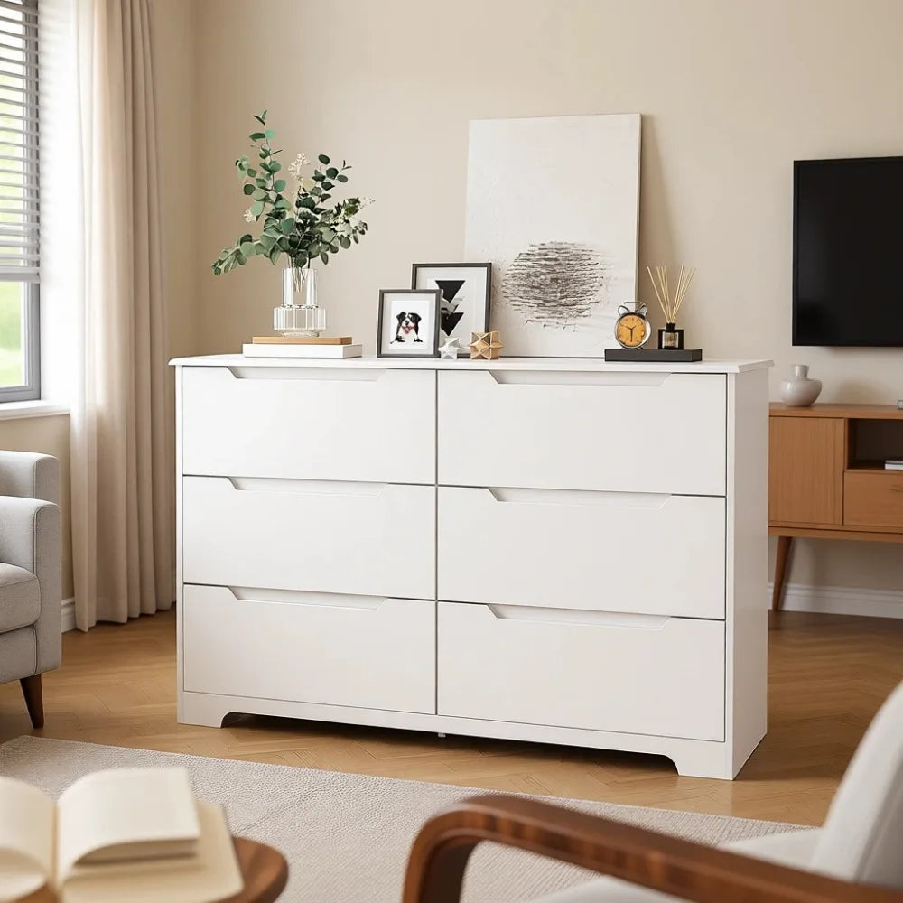 6-Drawer Wooden Double Dresser with Anti-Tip Design for Bedroom, Living Room Storage Organizer