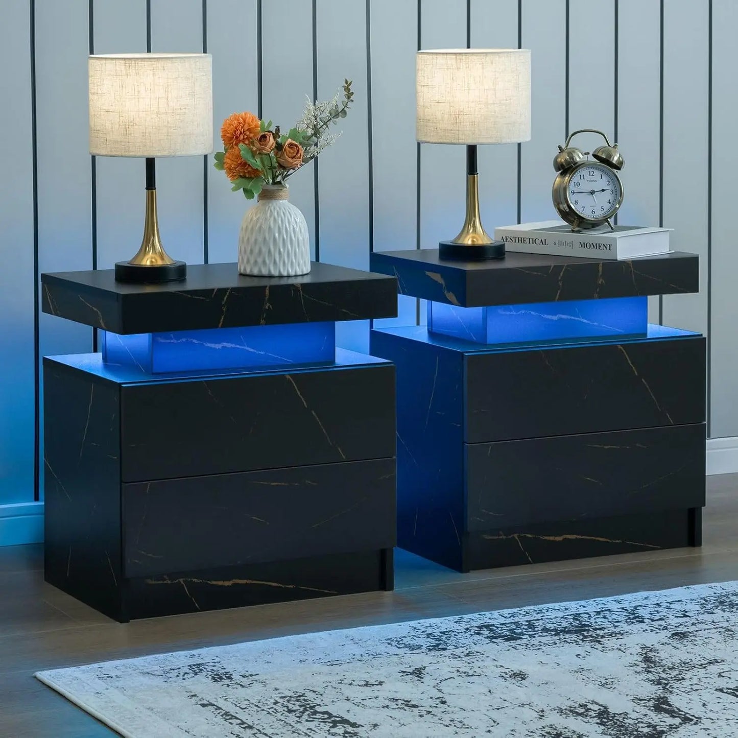 Nightstand Set of 2 LED Nightstand with 2 Drawers,Night Stand Set 2 with LED Light,Bedside Table with Drawers for, Customized