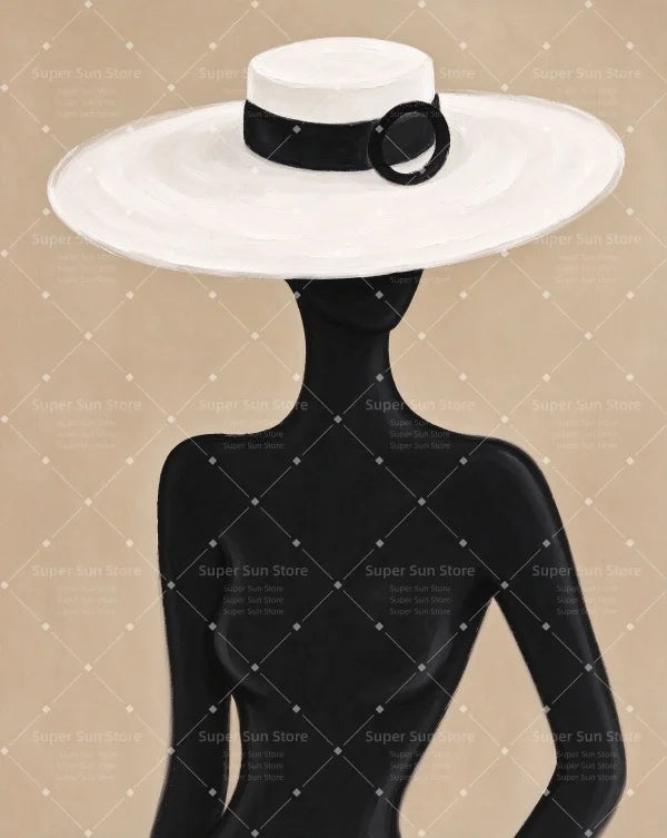 Minimalist Black Silhouette Woman With White Wide Brim Hat Canvas Wall Art Neutral Beige Boho Abstract Female Portrait Print