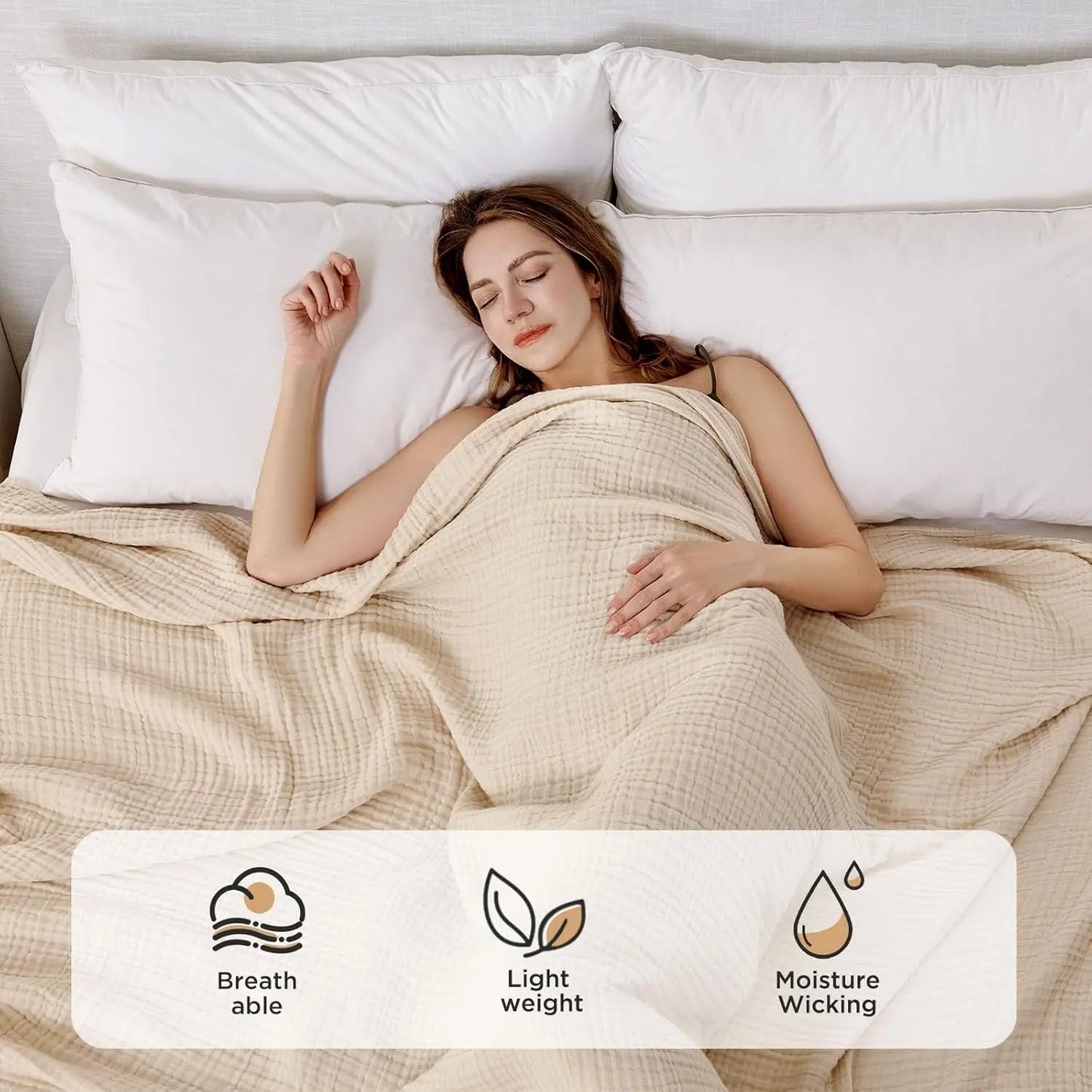 100% Cotton Muslin Throw Blanket for Couch, Bed, Sofa - Lightweight, Breathable, All-Season Luxury Gift in Light Tan