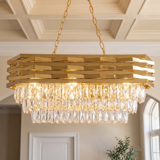 Modern Gold Crystal Chandelier, Luxury Pendant Light with Adjustable Hanging Chain, Rectangular K9 Crystal 8‑Light E14 Base Ceiling Lamp for Kitchen Island Dining Room Living Room