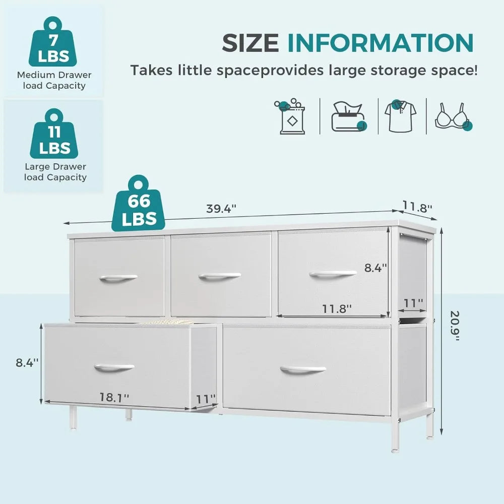 Wide White Bedroom Dresser with 5 Drawers for Clothes Storage and Fabric Bins