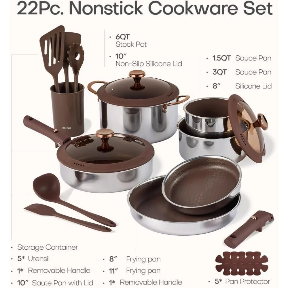 US Shipping 22-Piece Stainless Steel Cookware Set with Detachable Handle Ceramic Hybrid Nonstick Pots and Pans Titanium