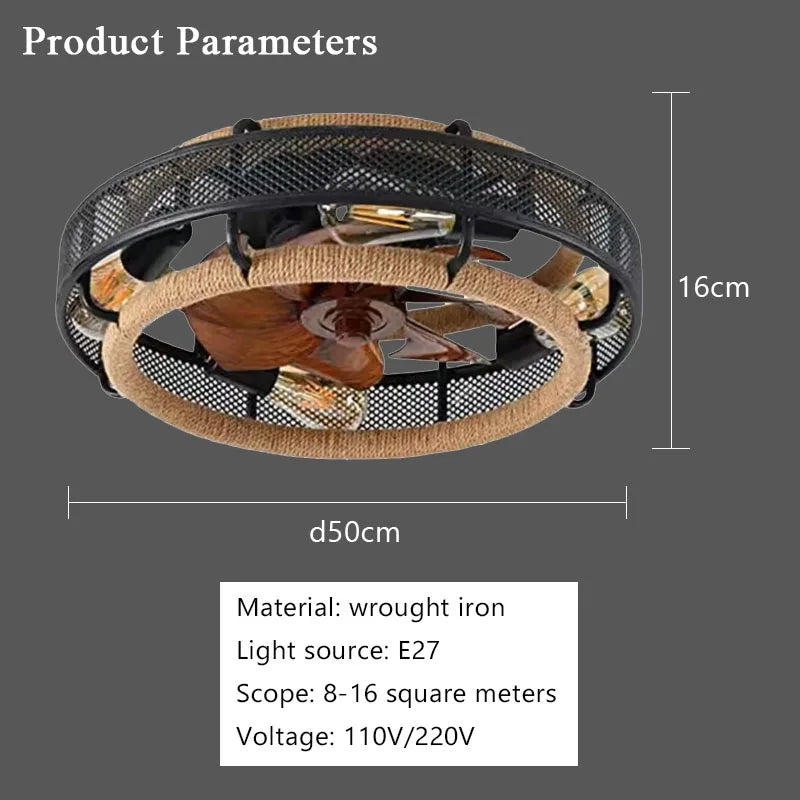 50CM Wrought Iron Ceiling Fan Light E27 ABS Fan Blade Electric Fan Invisible Bedroom Lamps Indoor Lighting Household Ceiling Fan