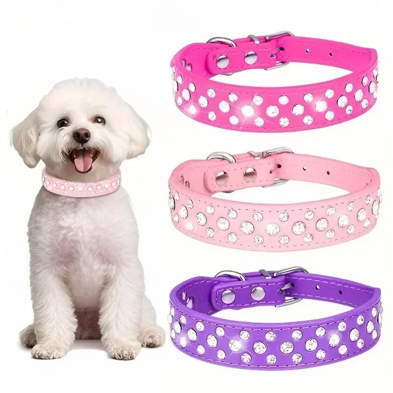 Bling Rhinestone Pet Collar Soft PU Leather Dog Collar Adjustable Neck Strap Pet Supplies for Small Medium Dogs Cats