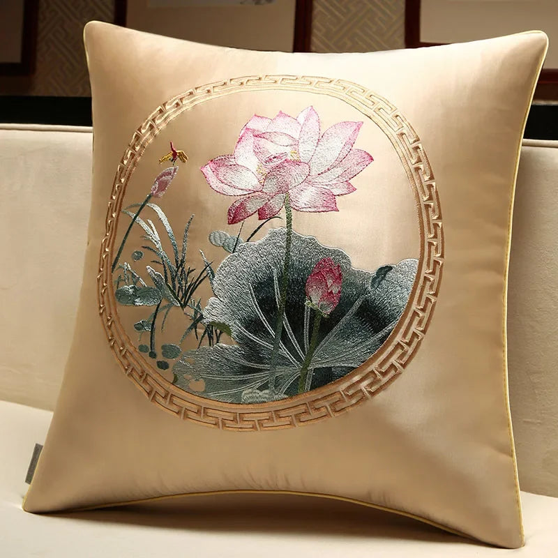 New Chinese Style Embroidered Bird Cushion Cover Living Room Sofa Waist Pillow Luxurious Classical Bed Head Silk Pillowcase