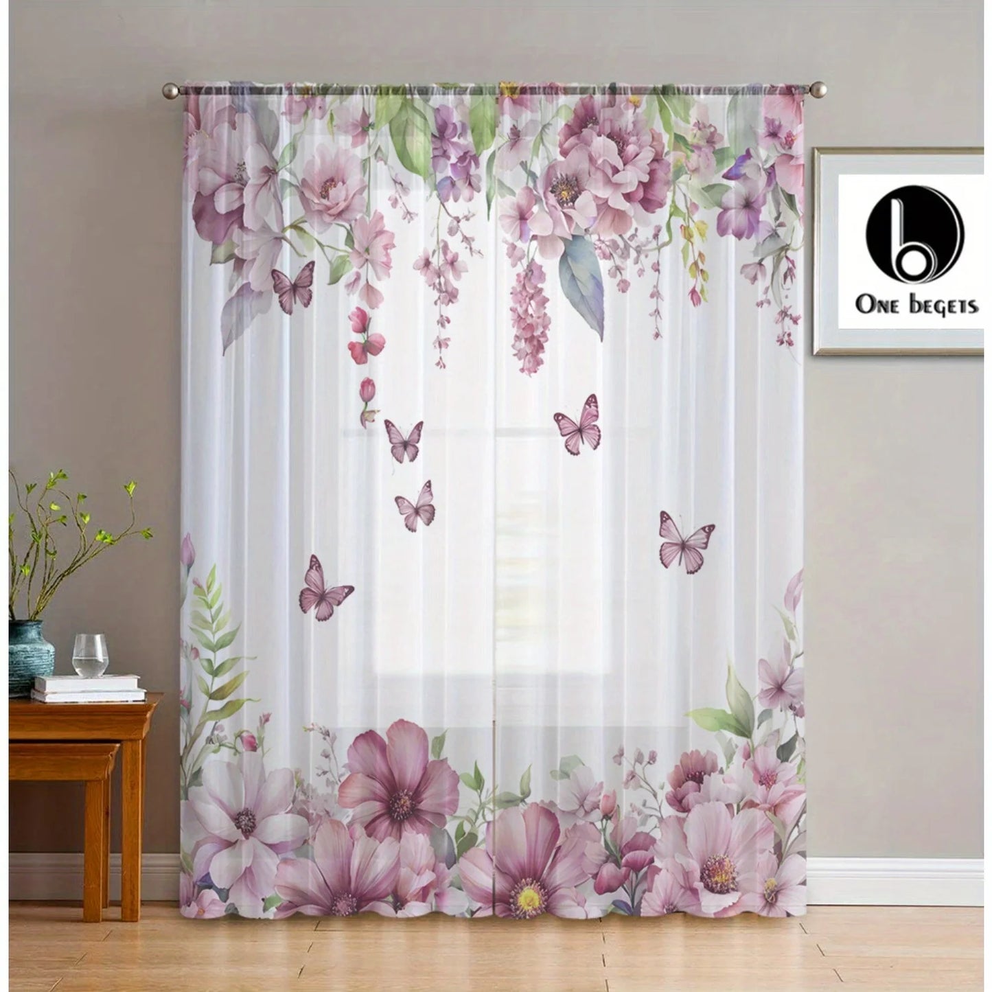 2 Pcs Elegant Pink Floral & Butterfly Curtains – Home Decor for Kitchen Cafe Living Room Dining Room Balcony Bedroom