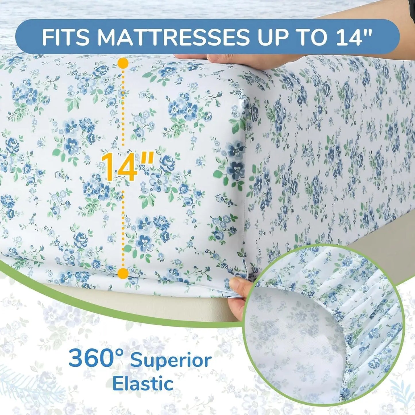 Queen Size 4-Piece Sheet Set, Soft Breathable Bedding with Deep Pocket Up to 16", Wrinkle-Free & Cooling - Blossoms Light Blue