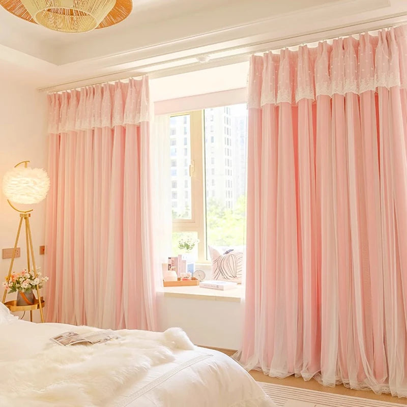 2pcs girls double princess style French pink curtain bedroom ins wind blackout new living room dream curtain