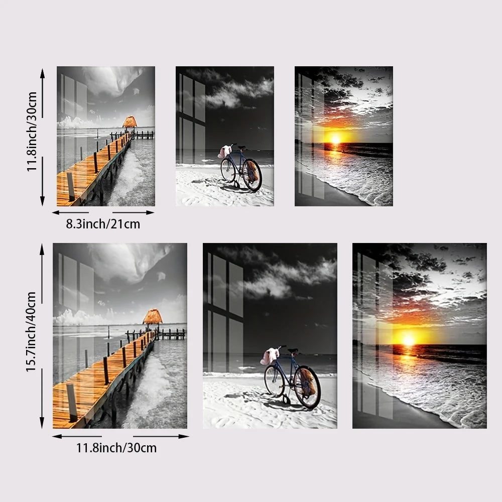 3PCS Frameless Canvas Beach Sunrise Paintings Prints Black White Landscape Pictures Modern Pictures for Bedroom Living Room Home