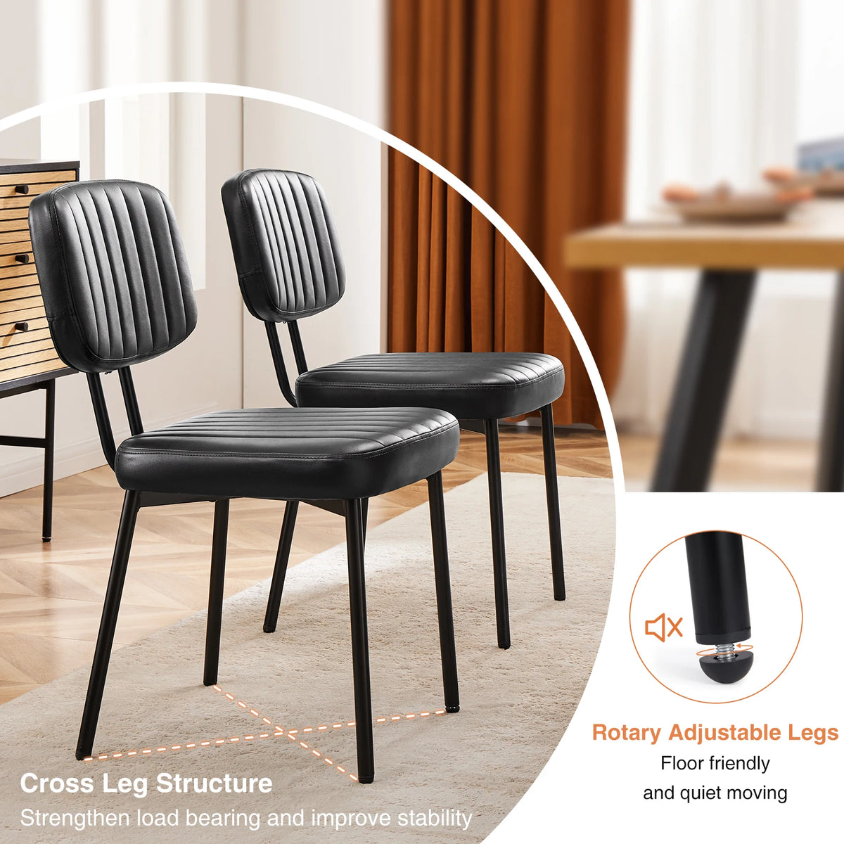 JHK Faux Leather Modern Dining Chairs Set of 2 Ergonomic Lumbar Support Foam Sponge Cushion Seat and Metal Legs for Kitchen