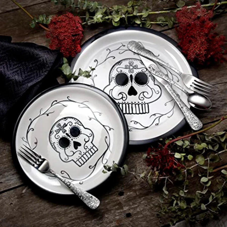 Calavera Skull 45 Piece Flatware Set for 8 Silverware Made in USA Stainless Steel Silver Finish Durable and Elegant Dining Cutl