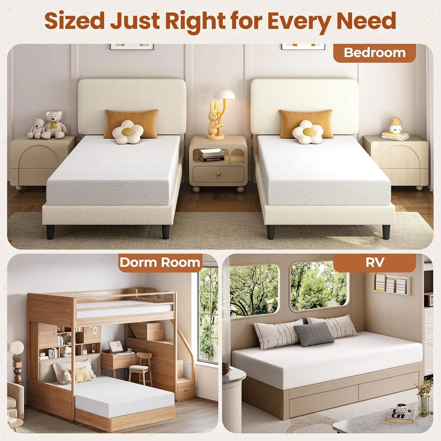 8 Inch Twin Mattress 3 Foam Layer Cooling Gel Memory Foam Mattresses Green Tea for Fresher Sleep Medium Firm CertiPUR-US Certifi