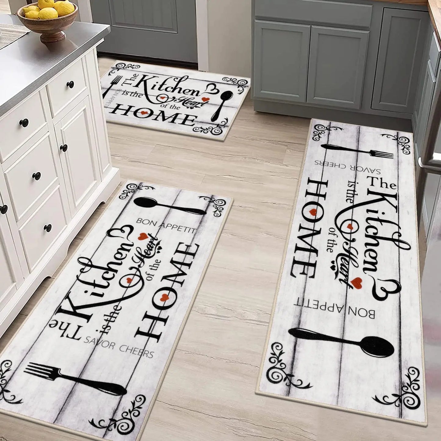 VIKAMA 3-Piece Kitchen Rug Set Machine Washable Kitchen Anti-Slip Suitable for Kitchen Rugs and Mats Ideal for Kitchen Use