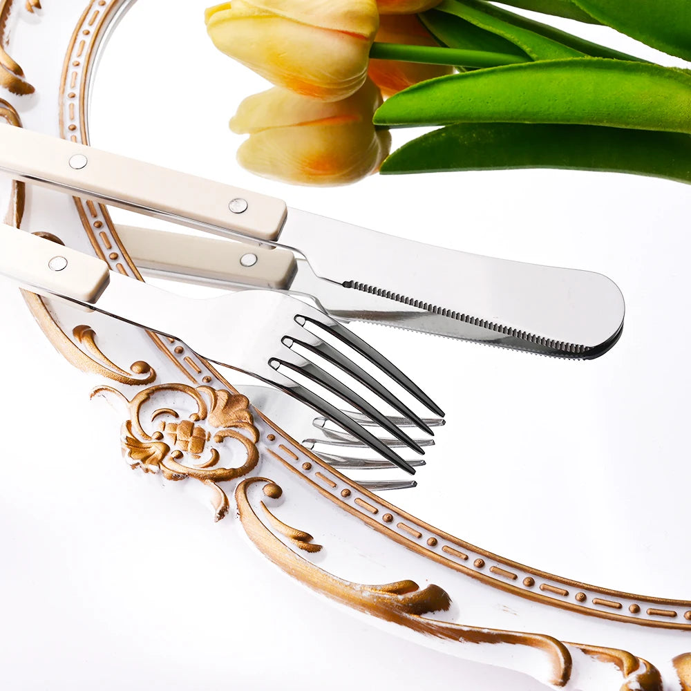 Beige Silver 4/16Pcs Dinnerware Acrylic Handle Knife Fork Spoon Set Stainless Steels Cutlery Set Western Dinner Kitchen Flatware