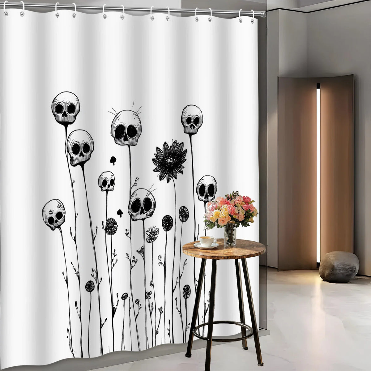 1pc Skull Floral Shower Curtain - Black & White Digital Art with Textured Petals, Horror Whimsical Surreal Nature Design, Machine Washable