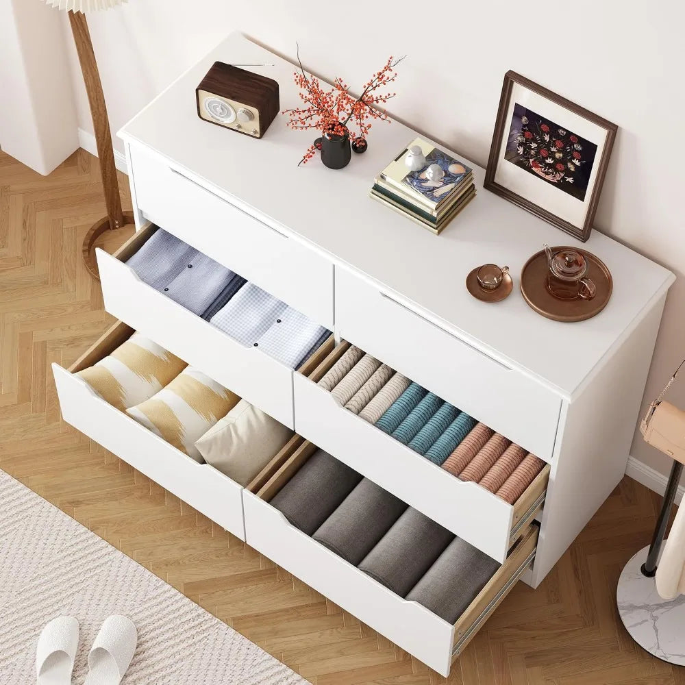 6-Drawer Wooden Double Dresser with Anti-Tip Design for Bedroom, Living Room Storage Organizer