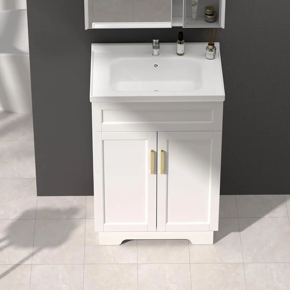 Bathroom Vanity with Ceramic Sink, Bathroom Vanity Cabinet with 2 Doors, 24 Inches Wooden Cabinet with Sink, Customized