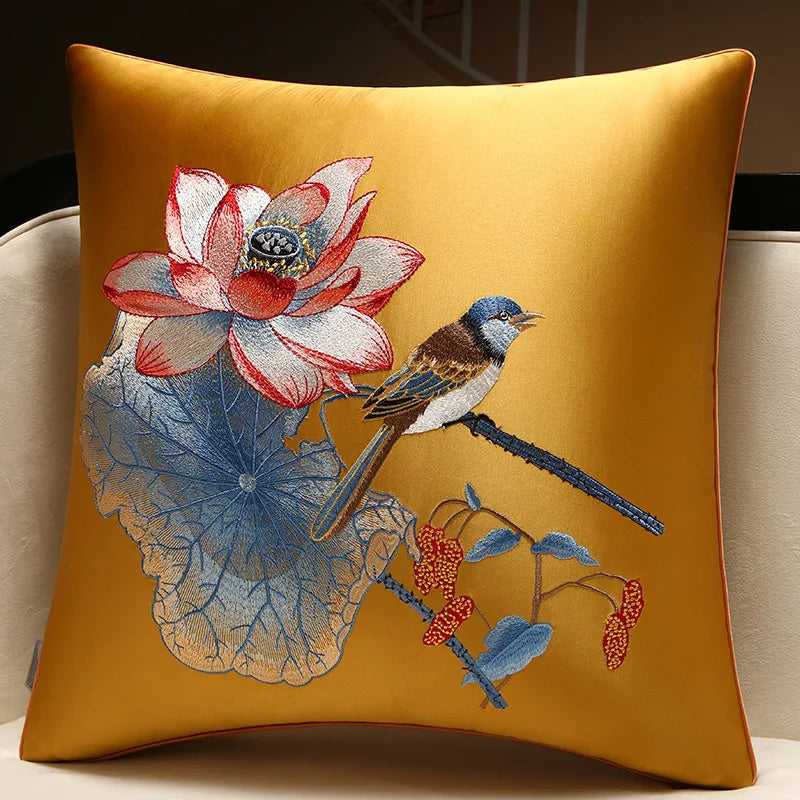New Chinese Style Embroidered Bird Cushion Cover Living Room Sofa Waist Pillow Luxurious Classical Bed Head Silk Pillowcase