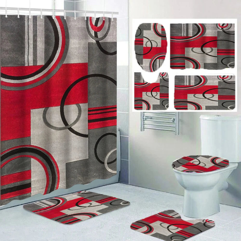 1/4 Geometric stripes shower Curtains, Toilet Seat Decoration, Shower Curtain with Carpet and Toilet Lid, 12 70.8x70.8 inch Hook