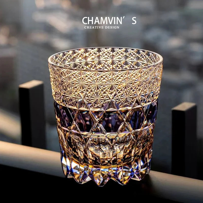 CHAMVIN'S Amethyst Edo Kiriko Hand-Engraved Whiskey Glass Crystal Tumbler Barware
