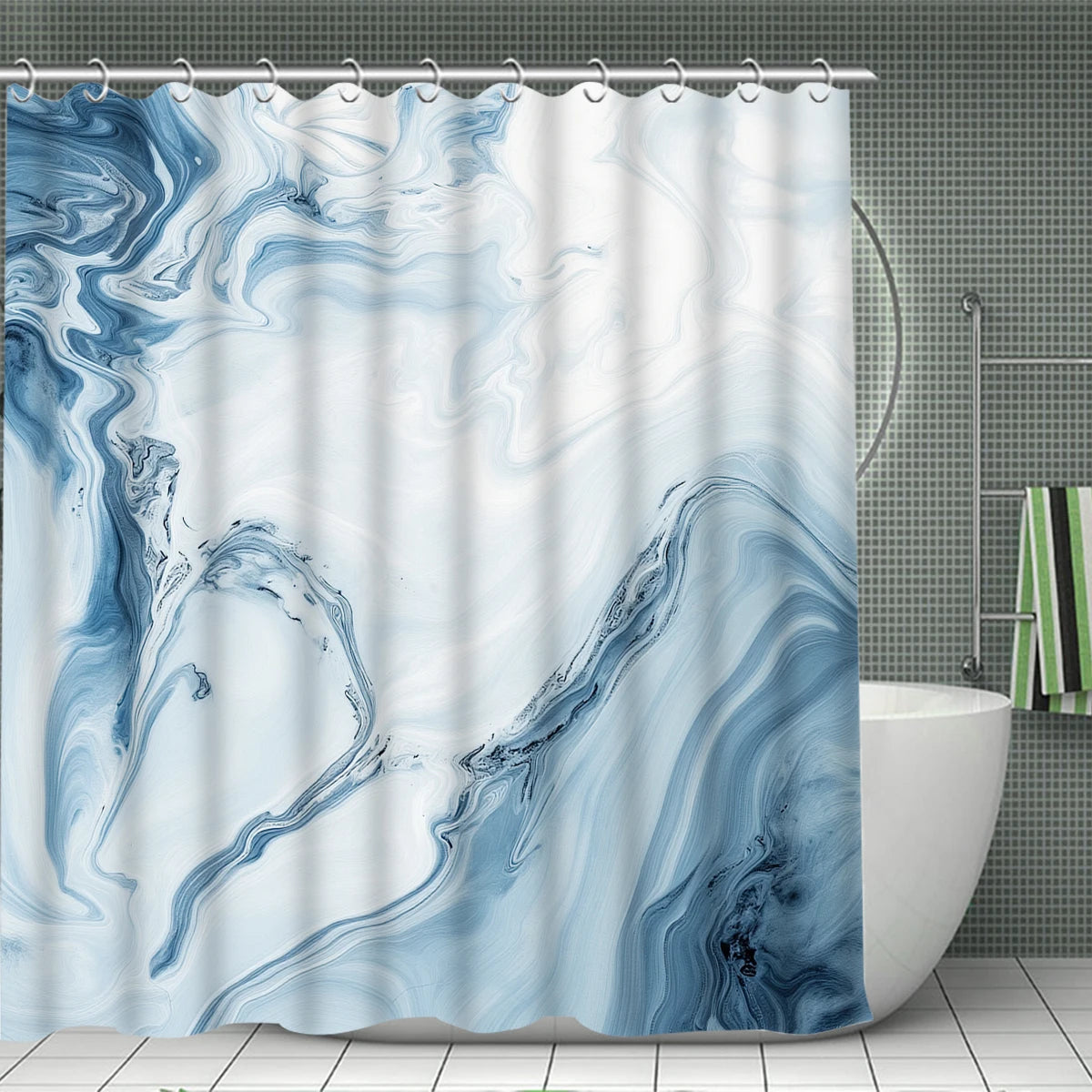 4 Pcs/Set Blue Marble Swirl Shower Curtain Bathroom Set, Abstract Fluid Print Waterproof Mildew Resistant Fabric, Family Bathroom Decor, Modern Minimalist Style Bath Mat Set, Fits Apartment, Guest Bathroom, Home Use, Includes