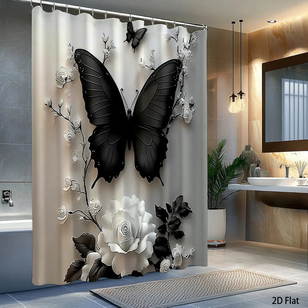 2D Flat Butterfly Floral Shower Curtain Rose Bathroom Decor Polyester with Hook