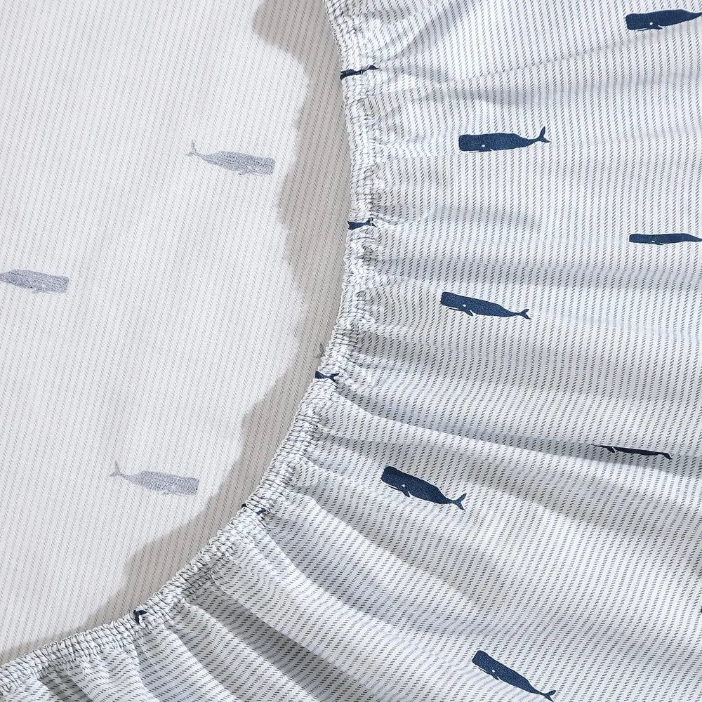 King Size Cooling Sheets Set with Smooth Cotton Percale Feel - Includes Pillowcases & Fitted Sheet in Whale Stripe Blue