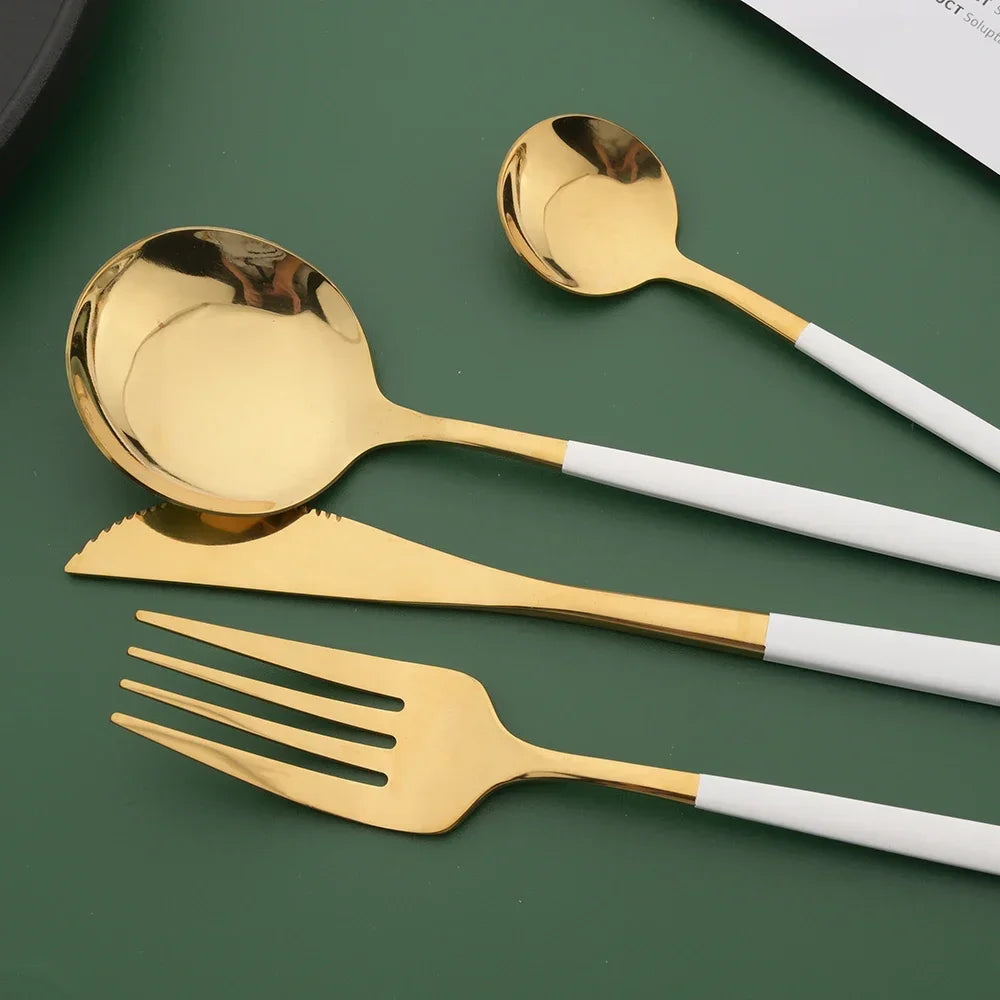 16/24/32/48Pcs Dinnerware Set White Gold Dinner Cutlery Set Stainless Steel Flatware Fork Kitchen Knife Fork Spoon Tableware Set