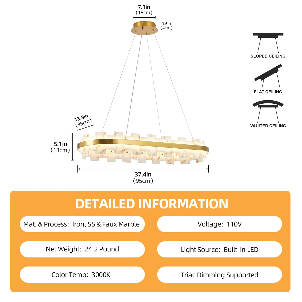 ARLGSITE 37.4" Modern Alabaster Chandelier, Adjustable Oval Stone Pendant Light for Dining Room, Bedroom & Kitchen Island