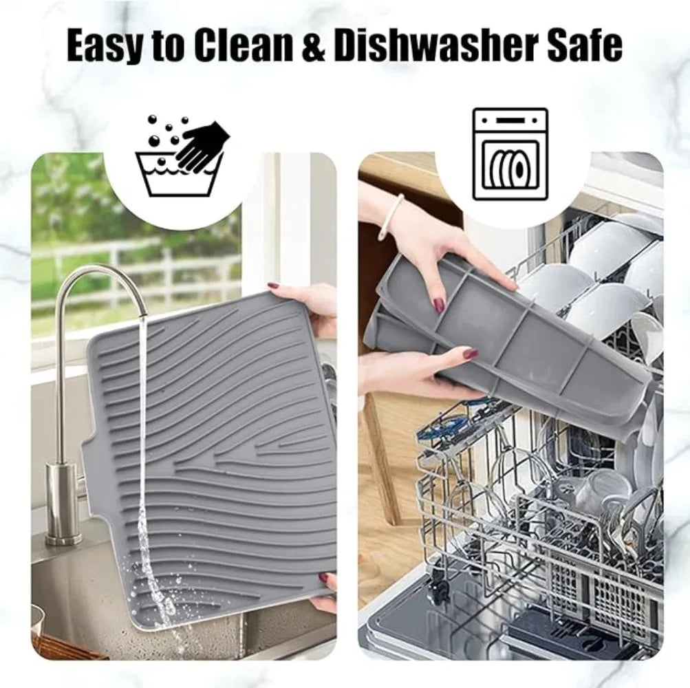 Silicone Dish Drying Mat Heat-Resistant Drain Pad Non-Slip Kitchen Countertop Protector Sink Cabinets Pans Utensils Tableware