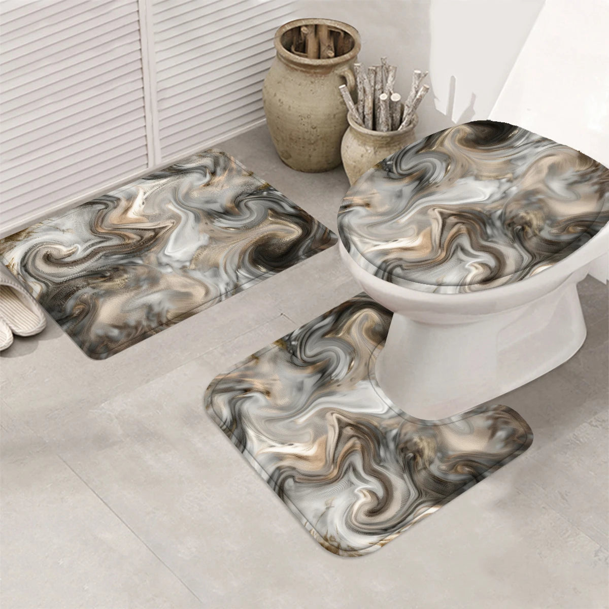 4 Pcs/Set Brown Marble Swirl Shower Curtain Bathroom Set, Neutral Abstract Print Waterproof Mildew Resistant Fabric, Family Bathroom Decor, Modern Minimalist & Neutral Style Bath Mat Set, Fits Apartment, Guest Bathroom, Home