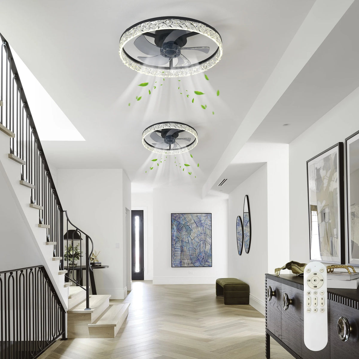 Ceiling Fans With Lights And Remote: 19.7" Modern Low Profile Flush Mount LED Ceiling Fan For Bedroom Crystal Bladeless Fandelier For Living Room Kitchen Dimmable DC Motor