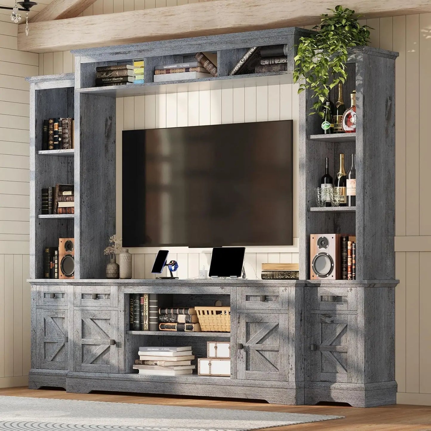 98" armhouse Wall Unit Entertainment Center with Bookshelves, Wine Cabinet, its 75" TVs, Large TV Stand with Power Outlets & Bar